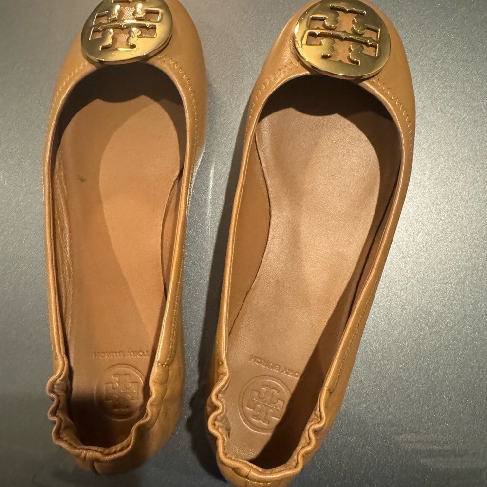 Tory Burch Gold Emblem Tan Flats